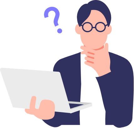 パソコンを持って悩んでいる男性のイラスト